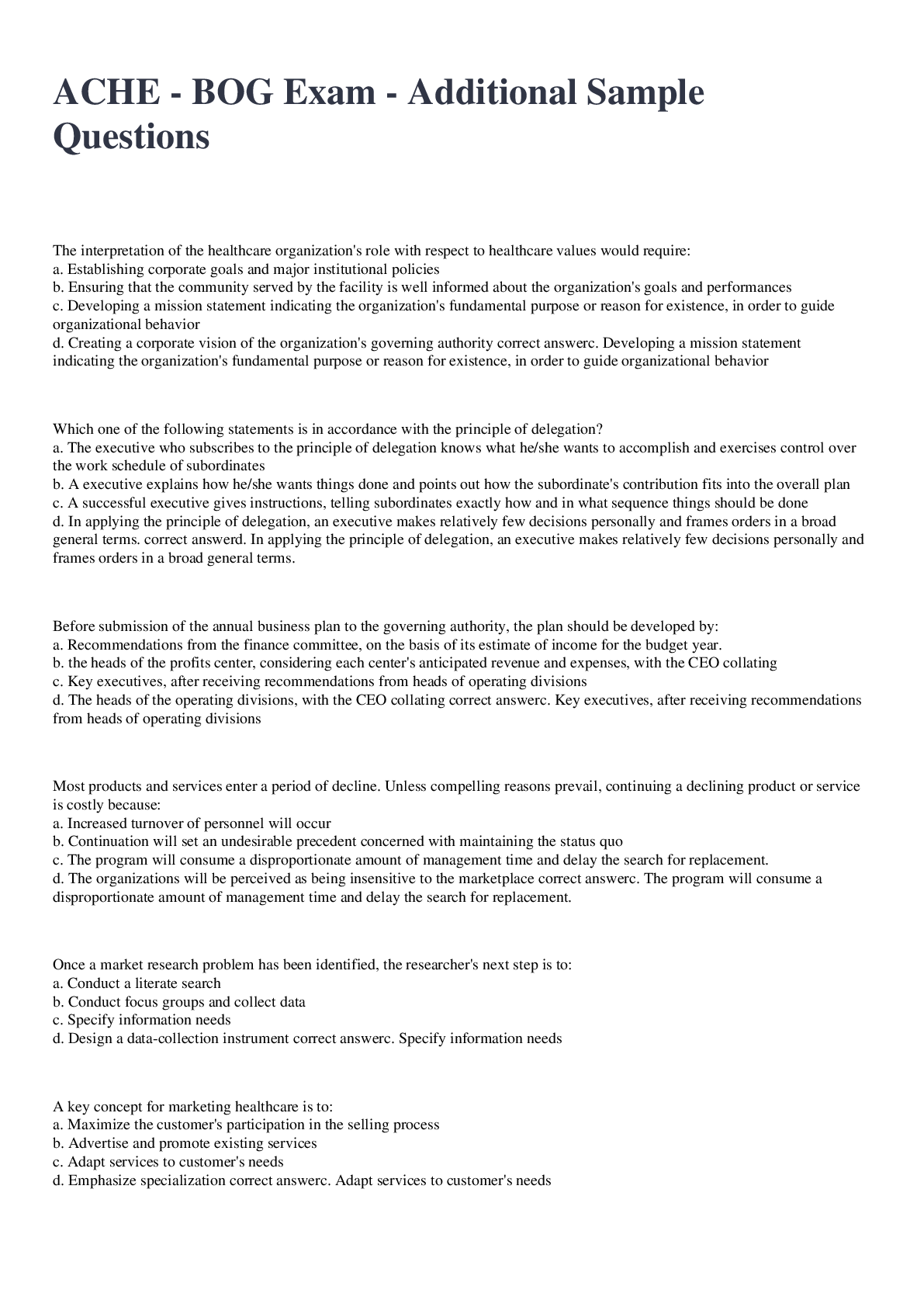 Preview image for ACHE - BOG Exam - Additional Sample Questions And Answers 2022/2023