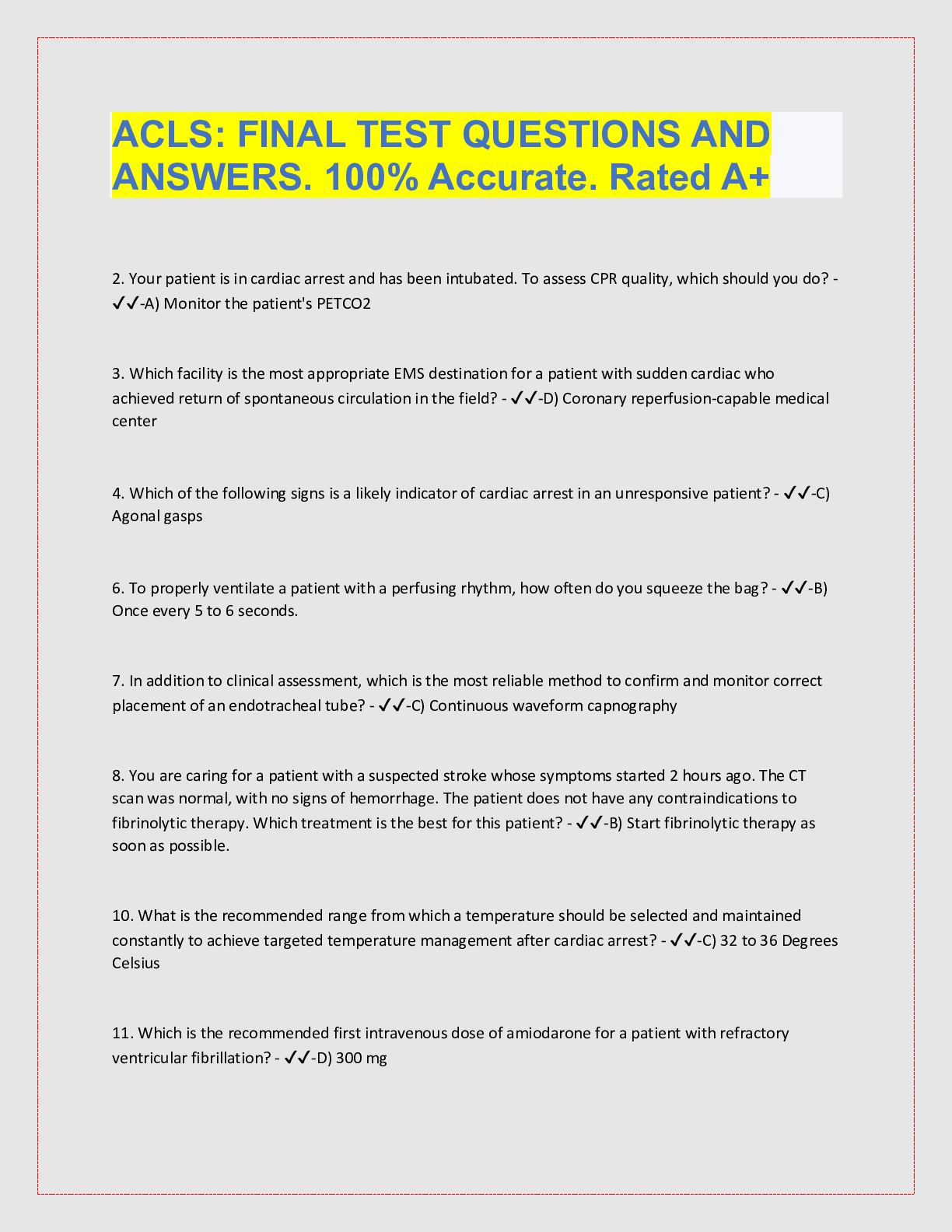 Preview image for ACLS VERSION B LATEST 2022/2023 EXAM QUESTIONS AND ANSWERS COMPLETE GUIDE SOLUTION RATED A.