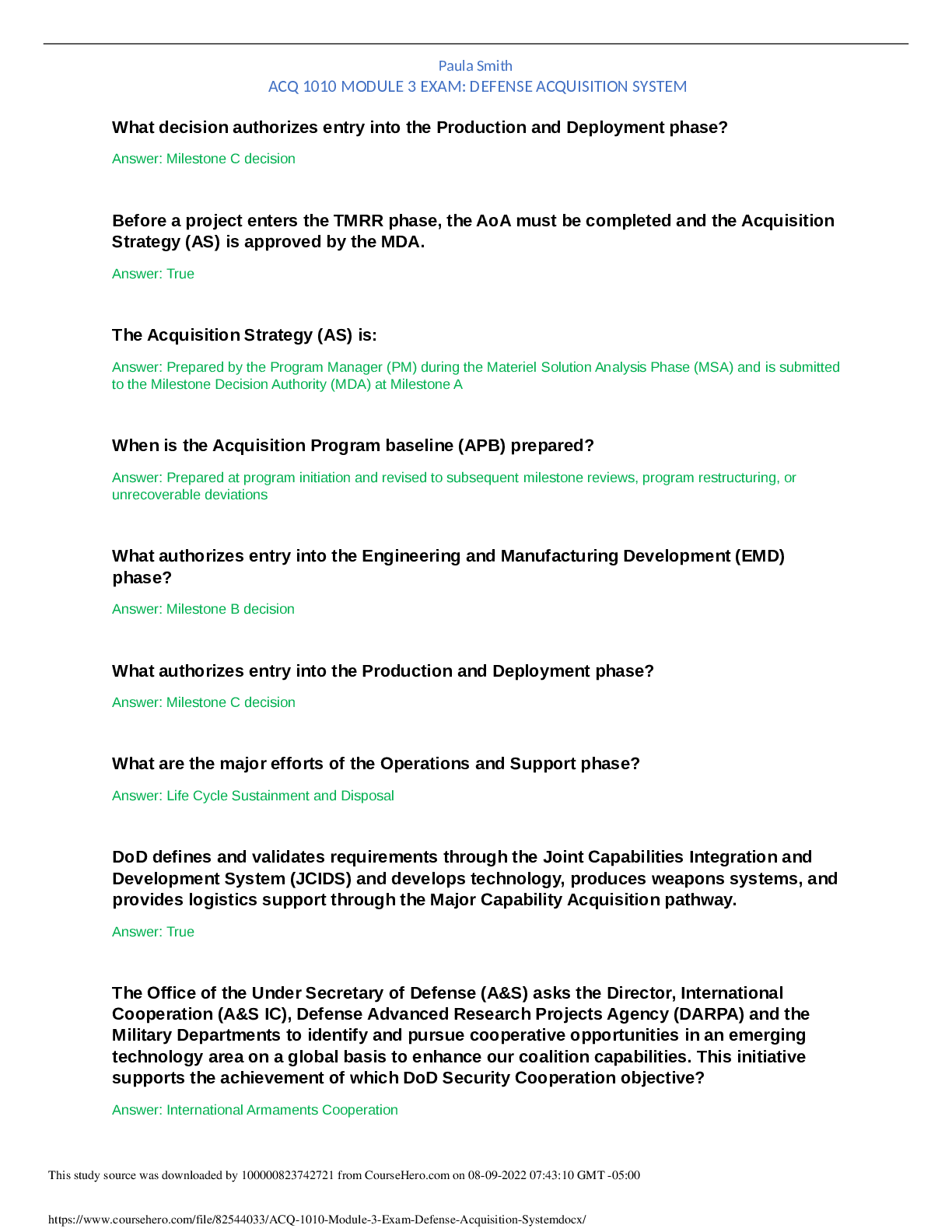 Preview image for ACQ 1010 Module 3 Exam_Defense Acquisition System