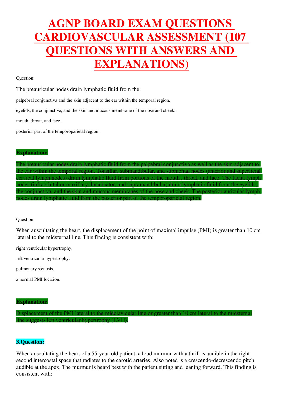 Preview image for AGNP Board Exam - Question and Answers - Cardiovascular Assessment