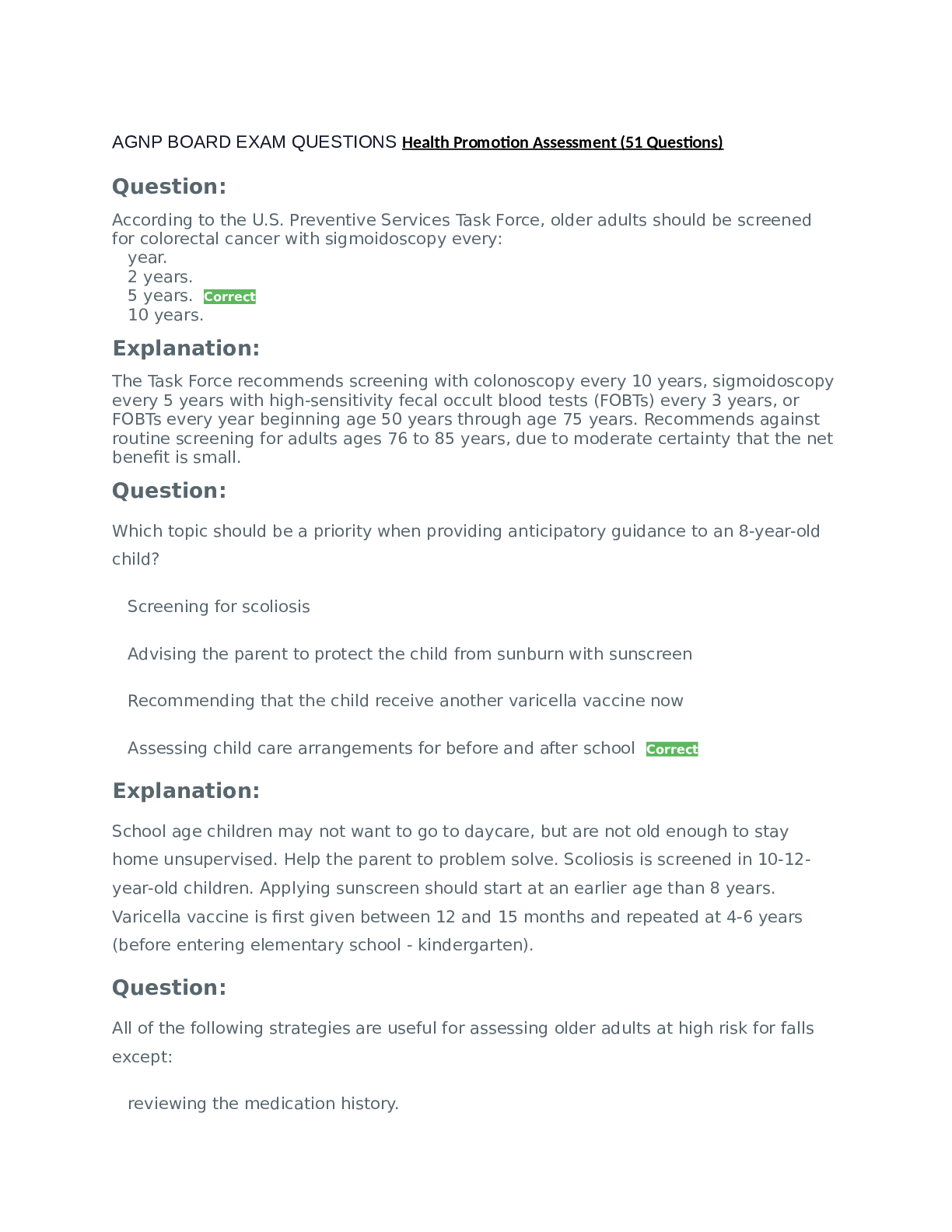 Preview image for AGNP Board Exam Question and Answers - Health Promotion Assessment(RATED A)