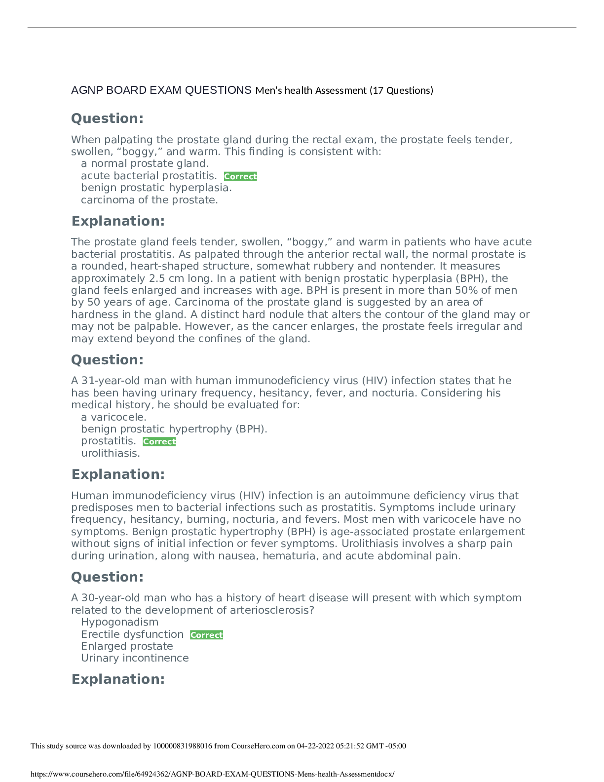Preview image for AGNP Board Exam Question and Answers - Mens Health Assessment(RATED A+)