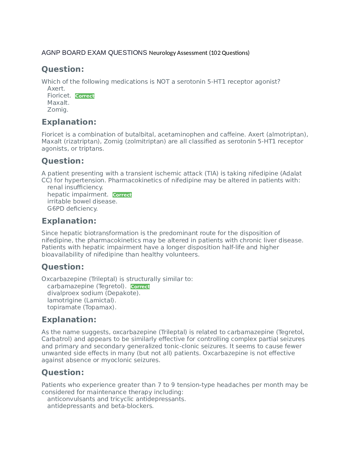 Preview image for South University, Savannah NSG 6320 AGNP BOARD EXAM QUESTIONS Neurology Prescribing.AGNP BOARD EXAM QUESTIONS Neurology Prescribing.