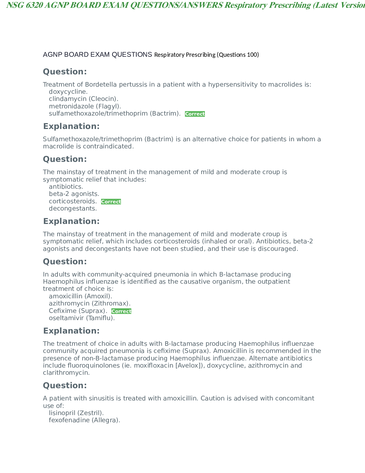 Preview image for AGNP Board Exam Question and Answers - Respiratory Prescribing/(Download To S core An A)