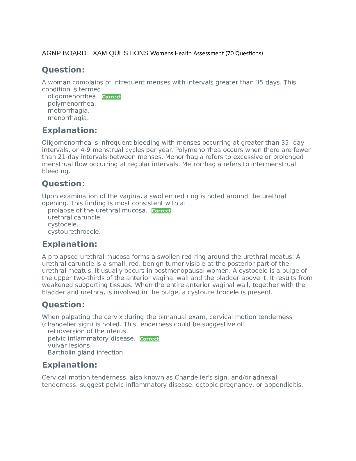 Preview image for AGNP Board Exam Question and Answers - Womens Health Assessment(RATED A)