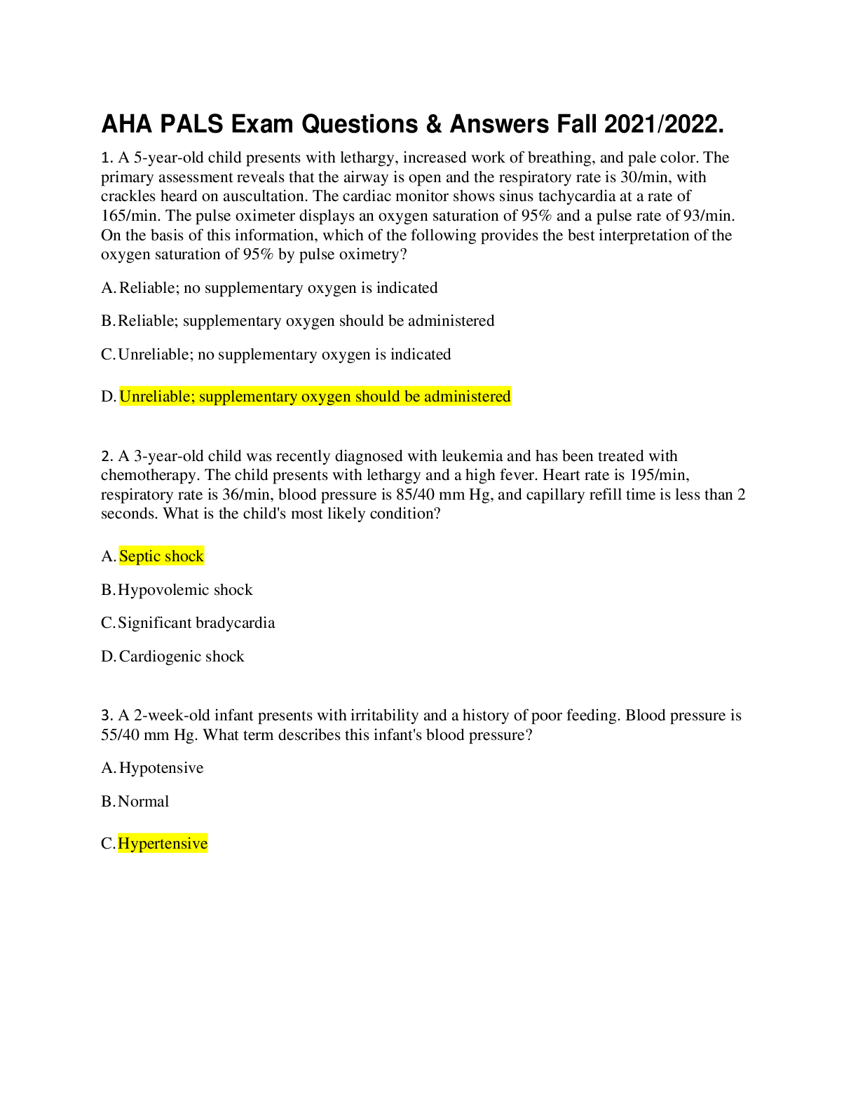 Preview image for AHA PALS Exam Questions & Answers Fall  2021/2022.