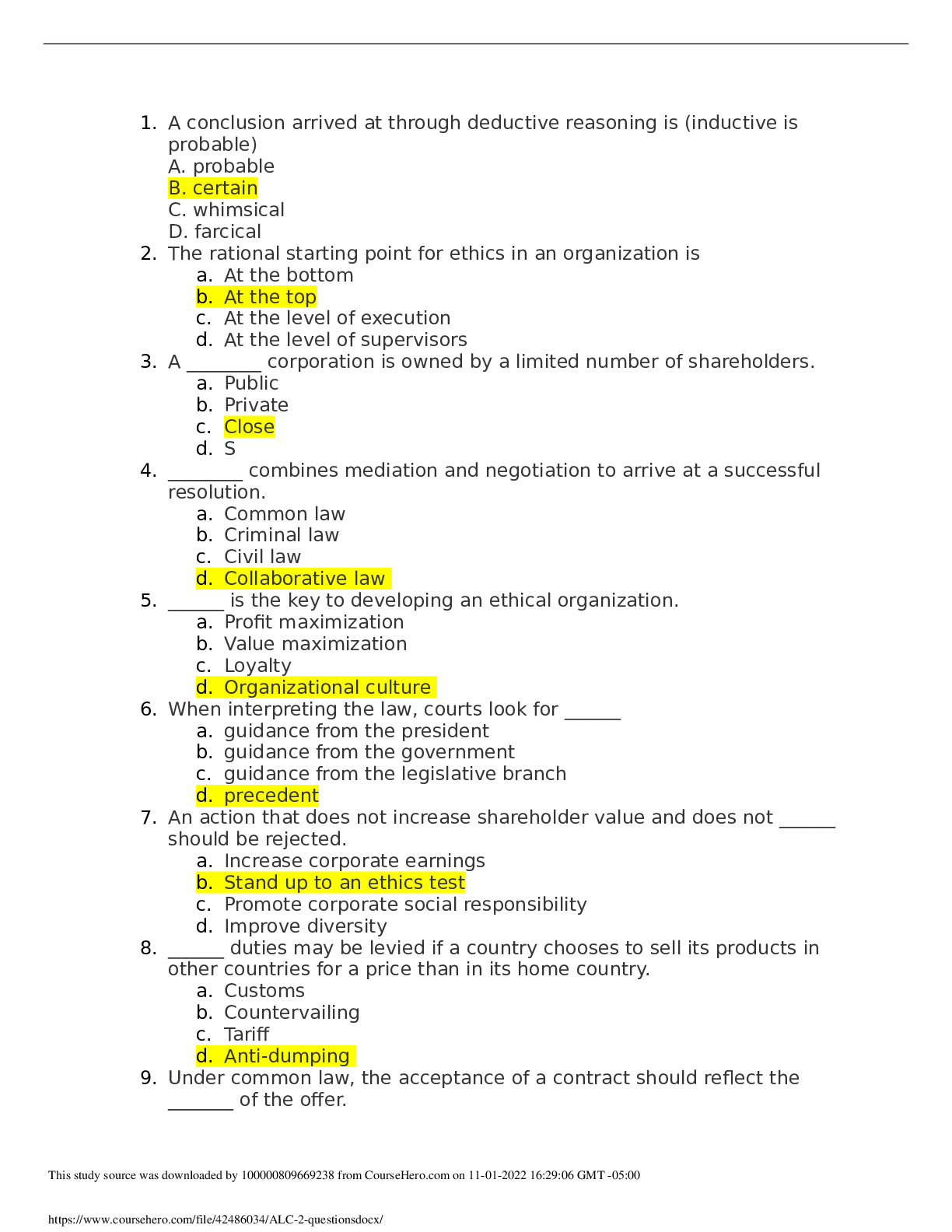 Preview image for BUSINESS BMAL 590 ALC 2 QUESTIONS AND ANSWERS WITH CORRECT ANSWERS(100% CERTIFIED SCORE)