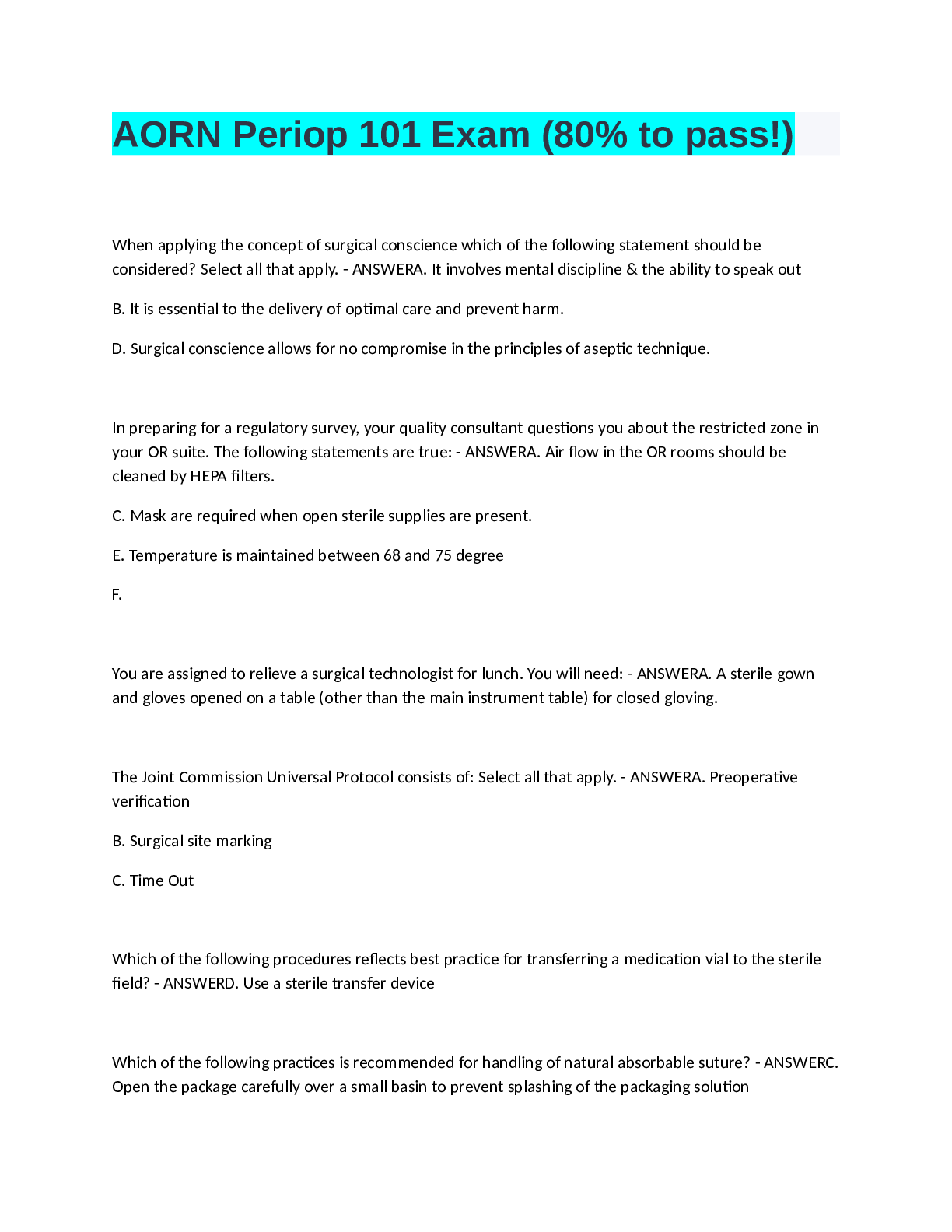 Preview image for AORN Periop 101 Exam Spring 2022 (100% Verified) With all Correct Questions and Answers