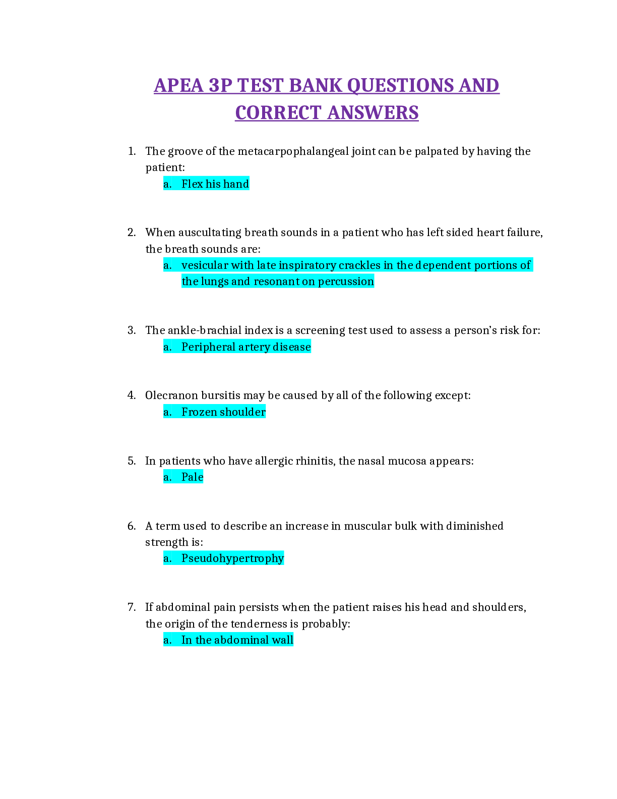 Preview of APEA 3P TEST BANK WITH ANSWERS (A+ GUIDE) | NURSING NUR-634 | APEA 3P Practice Qbank Lates