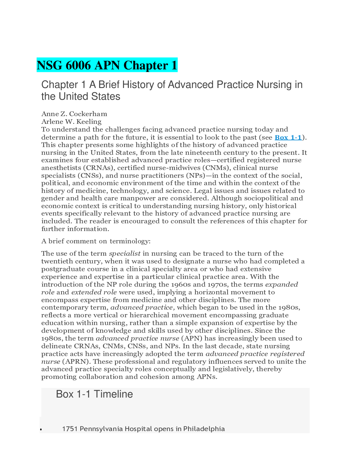 Preview image for NSG 6006 APN Chapter 1 A Brief History of Advanced Practice Nursing in the United States
