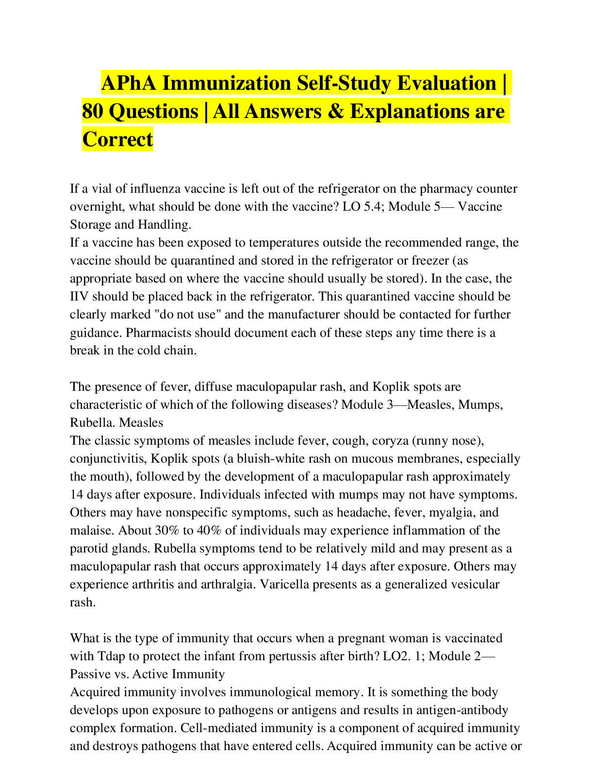 Preview of APhA Immunization Self-Study Evaluation | 80 Questions | All Answers & Explanations are Co