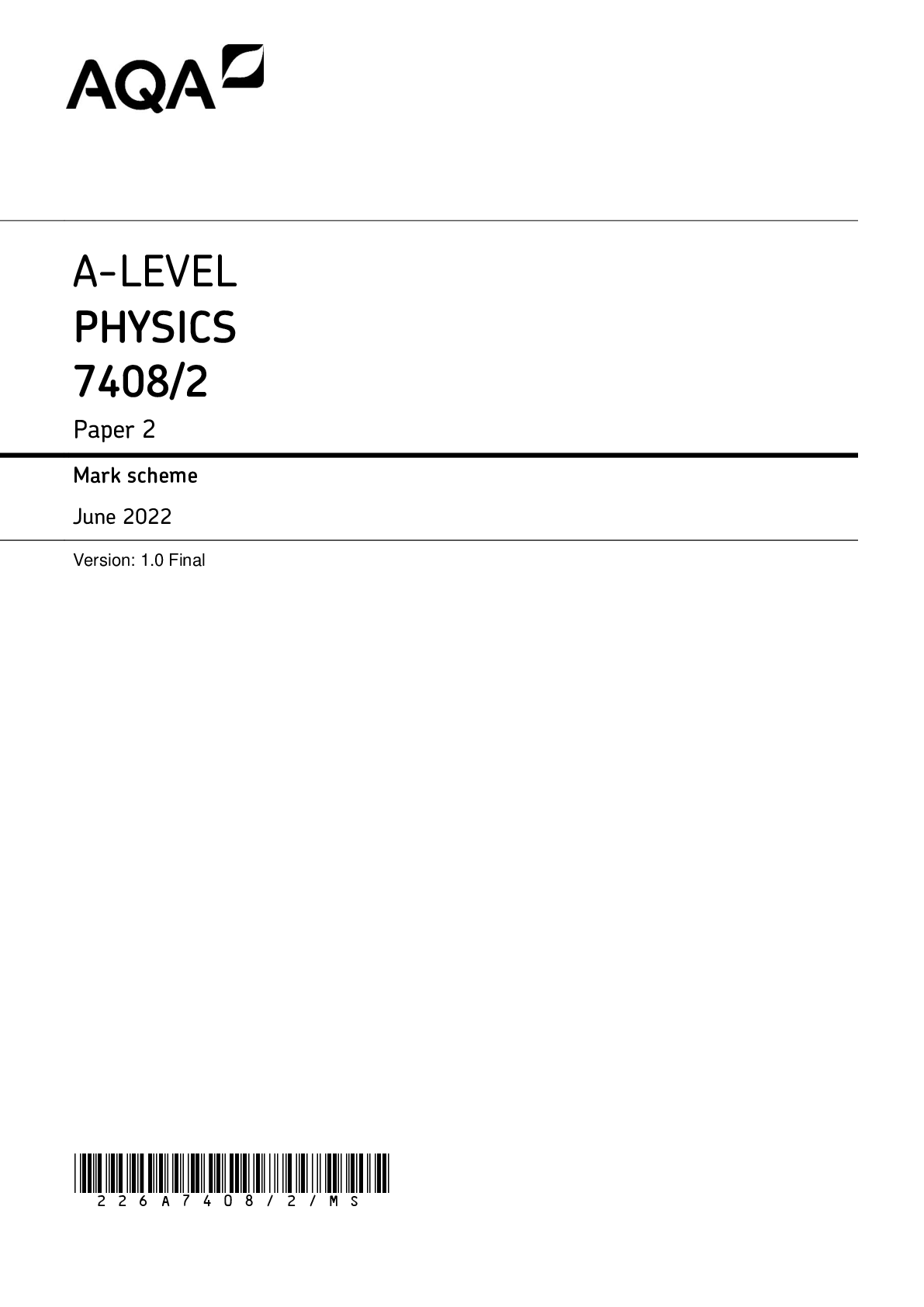 Preview image for AQA 2022 PHYSICS A LEVEL MARKSCHEME PAPER 2