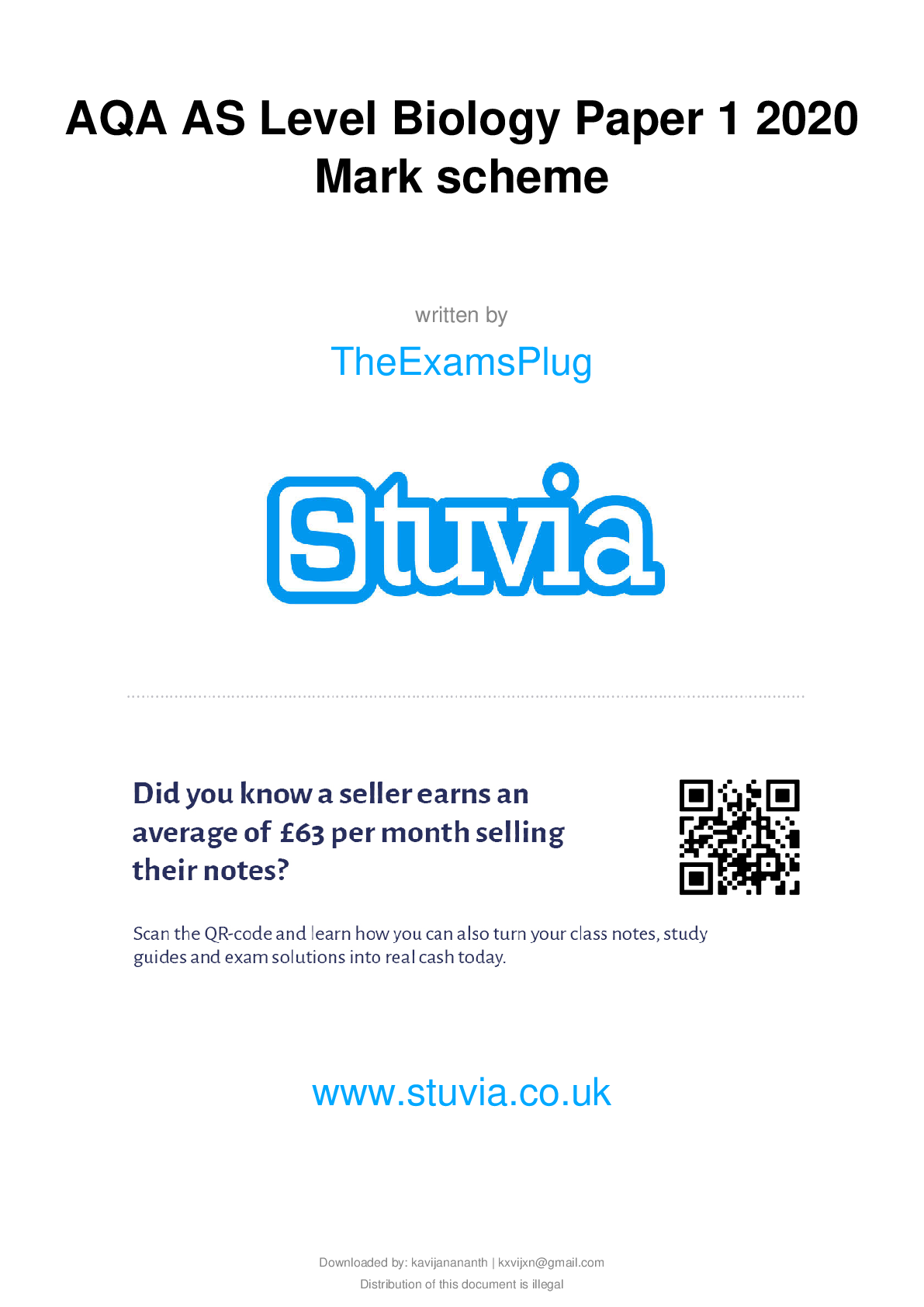 Preview image for AQA AS Level Biology Paper 1 2020 Mark scheme