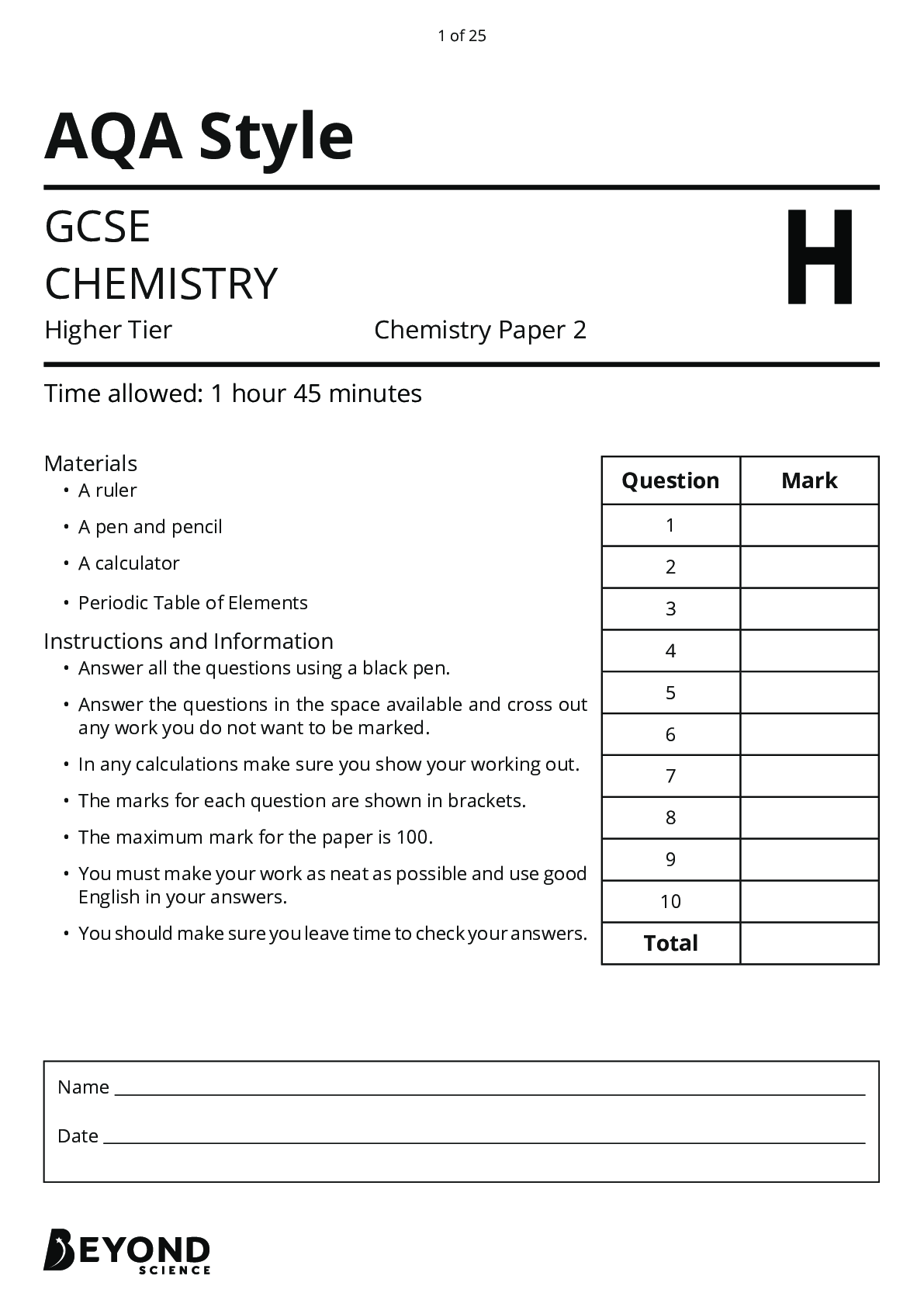 Preview image for AQA GCSE  CHEMISTRY Higher Tier Chemistry Paper 2 Question Paper