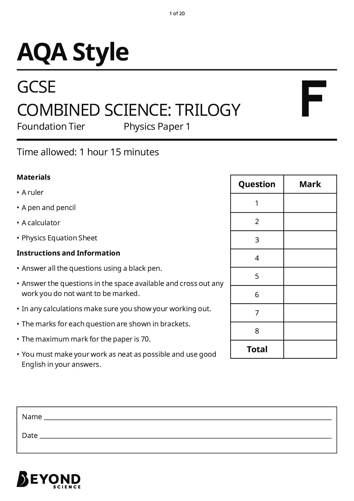 Preview image for AQA GCSE COMBINED SCIENCE: TRILOGY  Question Mark Total Foundation Tier Physics Paper 1