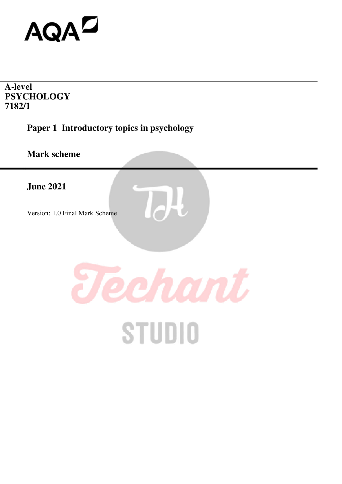 Preview image for AQA A-level PSYCHOLOGY 7182/1 Paper 1 Introductory topics in psychology Mark scheme June 2021