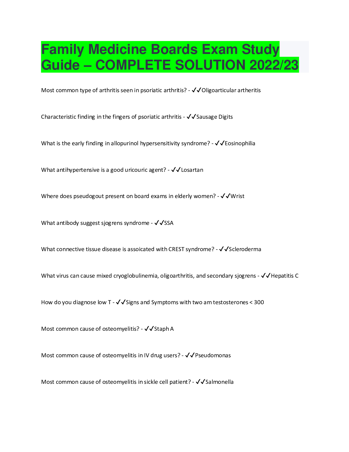 Preview of Family Medicine Boards Exam Study Guide – COMPLETE SOLUTION 2022/23