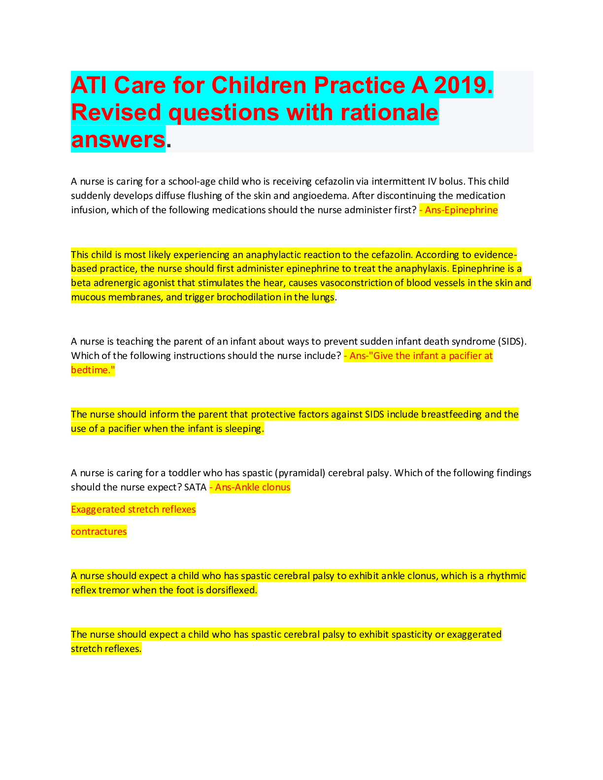 Preview of ATI Care for Children Practice A 2019. Revised questions with rationale answers.