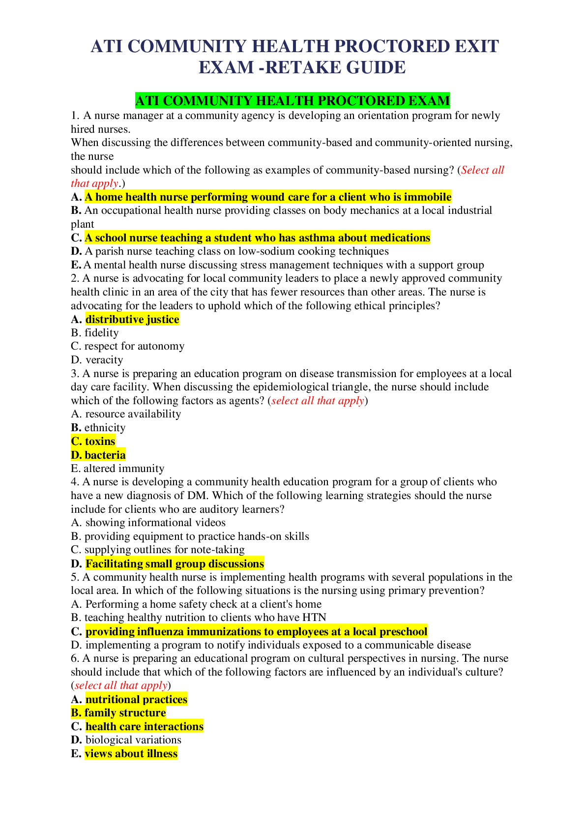 Preview image for ATI COMMUNITY HEALTH PROCTORED EXIT EXAM -RETAKE GUIDE