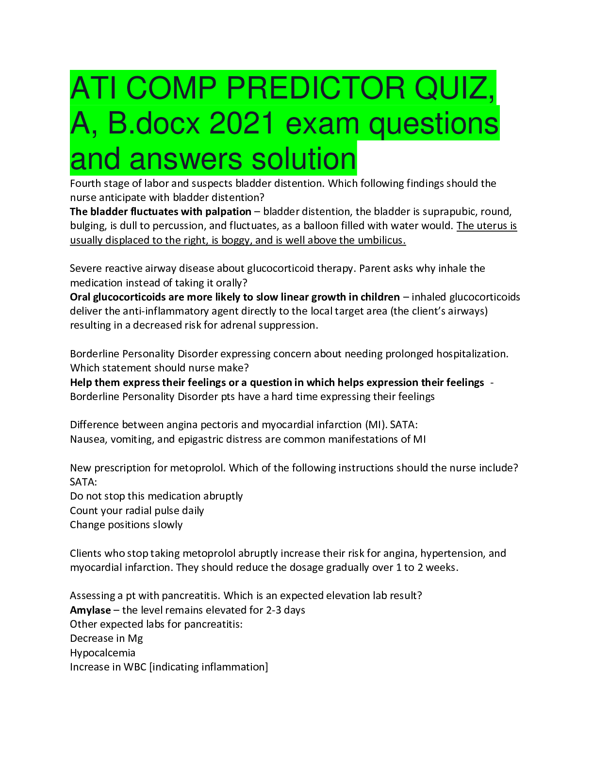 Preview of ATI COMP PREDICTOR QUIZ, A, B.docx 2021 exam questions and answers solution