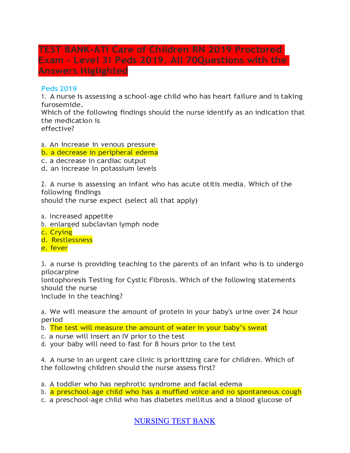 Preview of TEST BANK-ATI Care of Children RN 2019 Proctored Exam - Level 3! Peds 2019. All 70Question