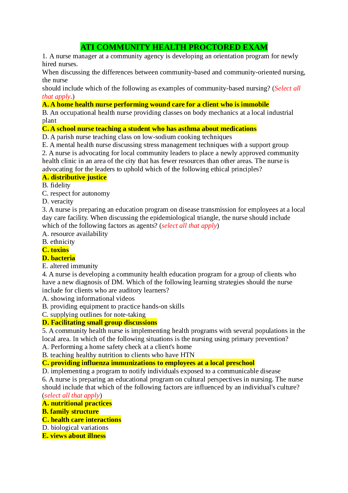 Preview image for Exam ATI COMMUNITY HEALTH PROCTORED EXAM 2019 (LATEST, VERIFIED AND 100% CORRECT ANSWERS)