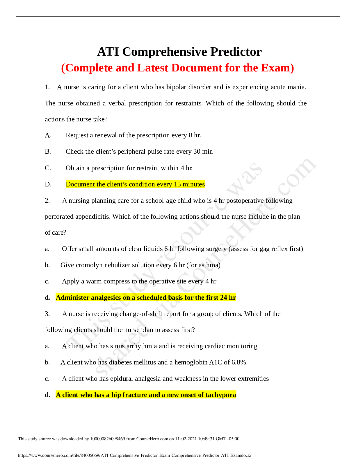 Preview image for ATI Comprehensive Predictor Exam, Comprehensive Predictor ATI Exam QUESTIONS AND 100% CORRECT SOLUTION
