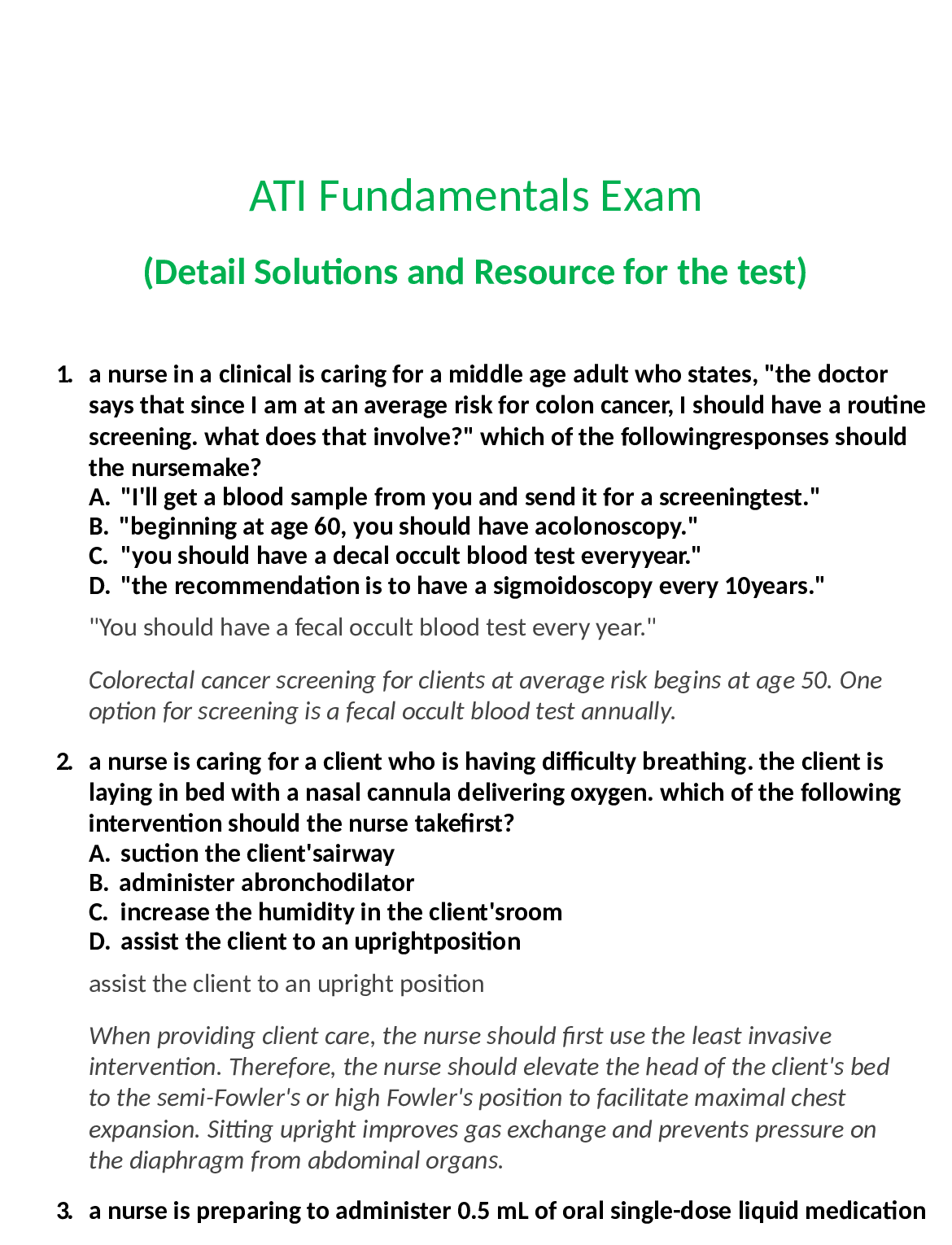 Preview image for ATI Fundamentals Exam 2020  (Detail Solutions and Resource for the test)