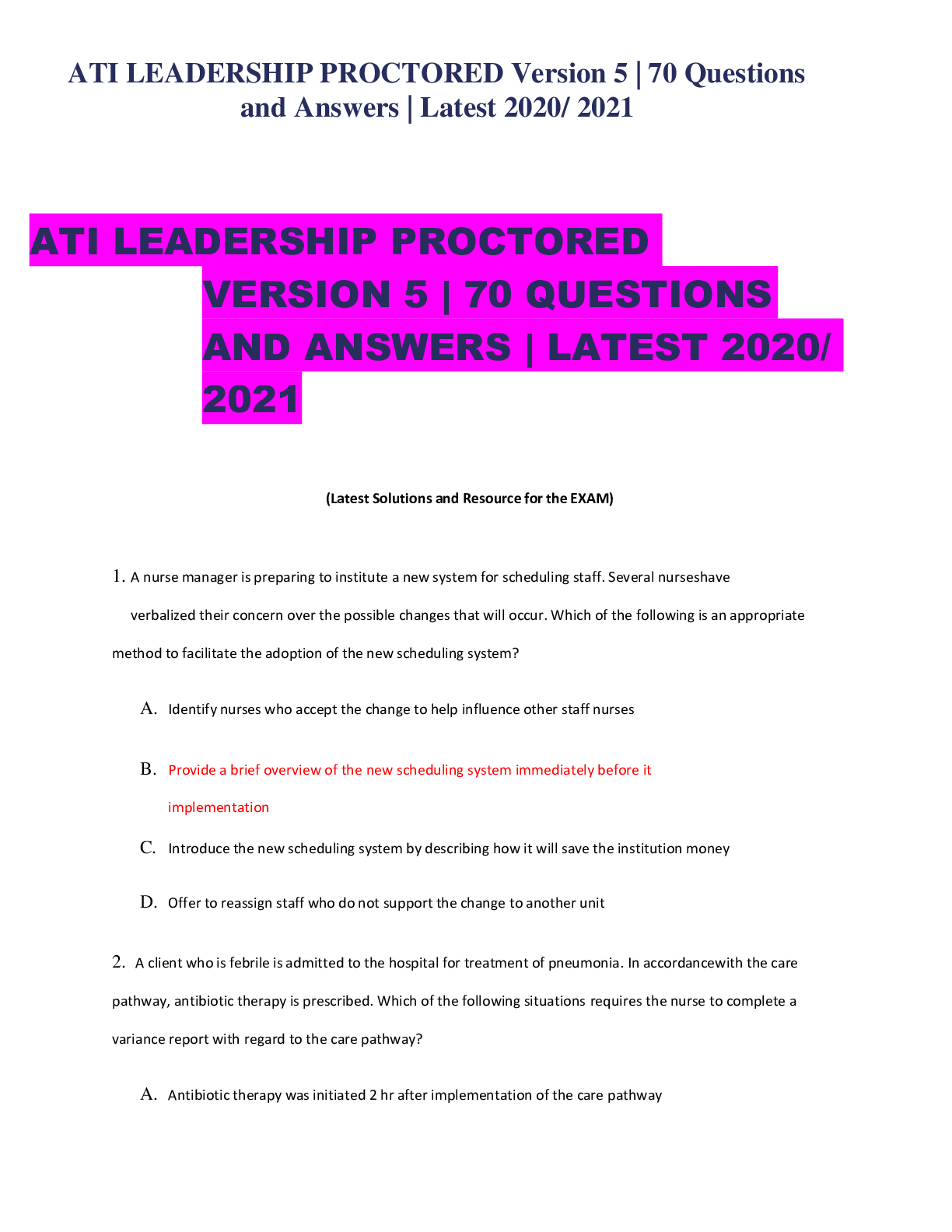 Preview of ATI LEADERSHIP PROCTORED Version 5 , 70 Questions and Answers Latest 2021-2022
