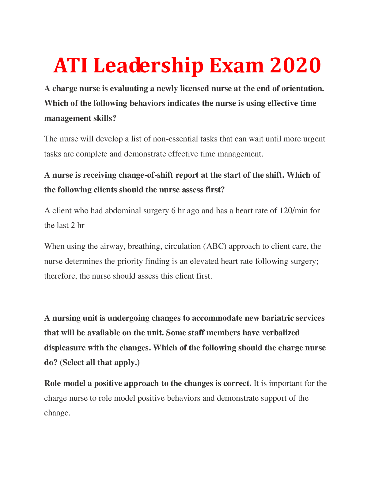 Preview image for ATI Leadership Exam- All Answers Correct.  Score 100% Plus Explanations.