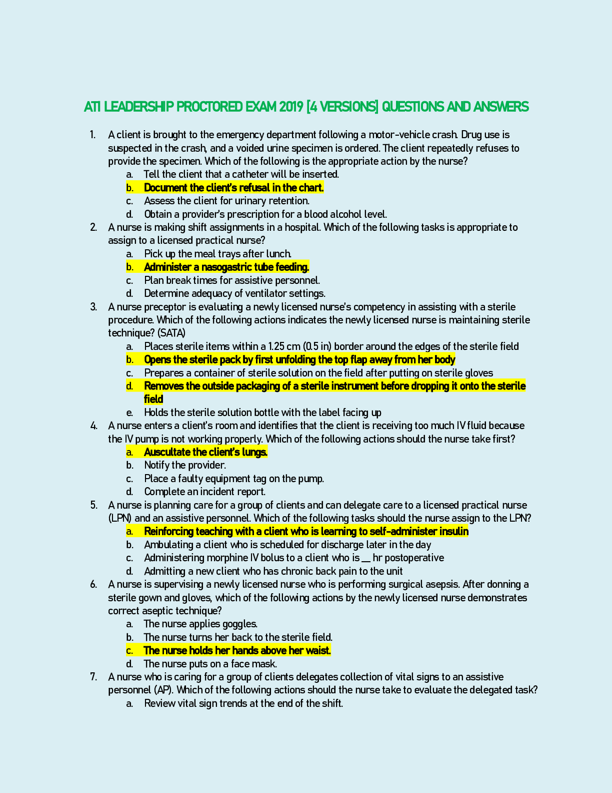 Preview image for ATI LEADERSHIP PROCTORED EXAM 2019 [4 VERSIONS] QUESTIONS AND ANSWERS