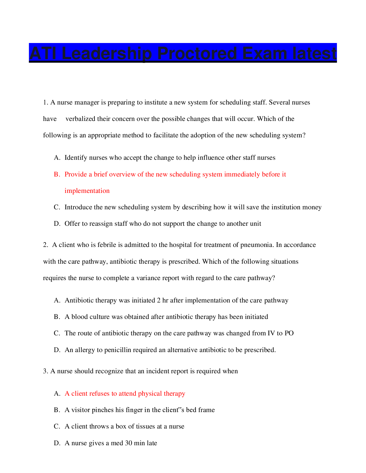 Preview image for ATI Leadership Proctored Exam latest (2023).  From Chamberlain College of nursing