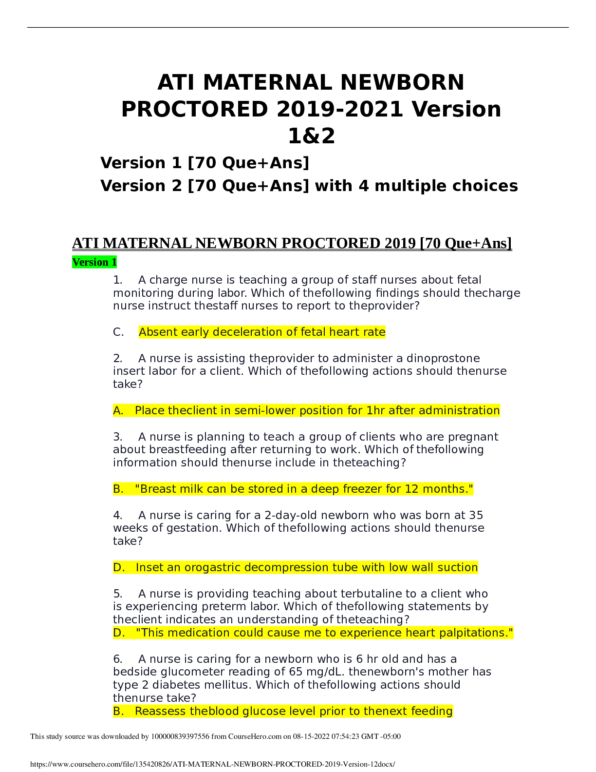 Preview image for ATI MATERNAL NEWBORN PROCTORED 2019 Version 1&2.docx