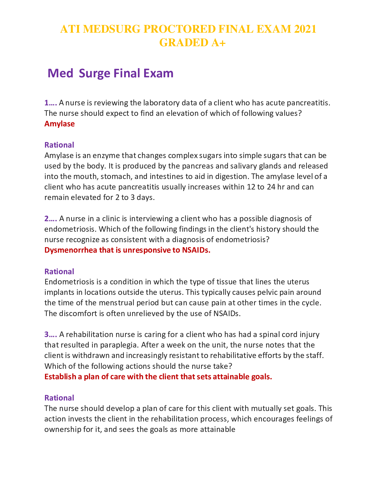 Preview image for ATI MEDSURG PROCTORED FINAL EXAM 2021 GRADED +