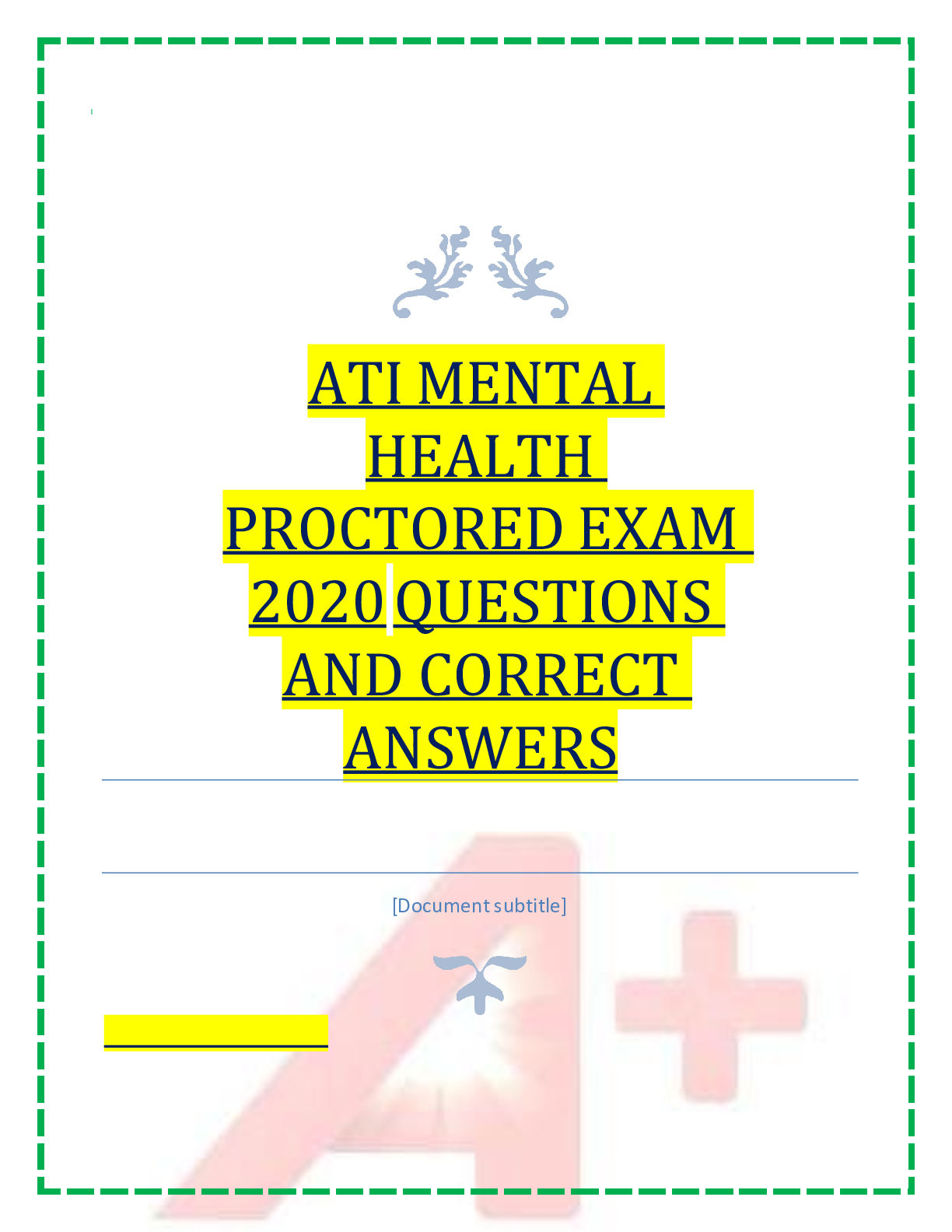 Preview image for ATI MENTAL HEALTH PROCTORED EXAM 2020 QUESTIONS AND CORRECT ANSWERS