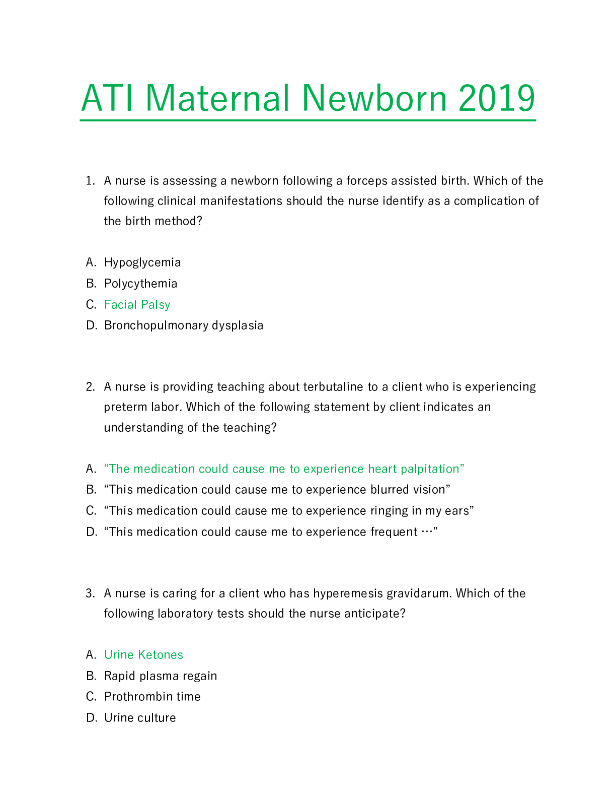 Preview of ATI Maternal Newborn 2019
