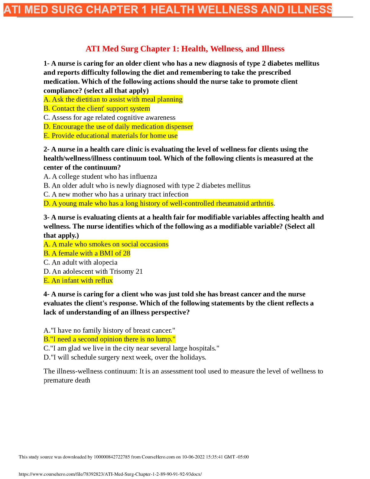 Preview image for ATI Med Surg Chapter 1, 2, 89, 90, 91, 92, 93 QUESTION AND ANSWERS UPDATED 2021/2022 GRADED A+