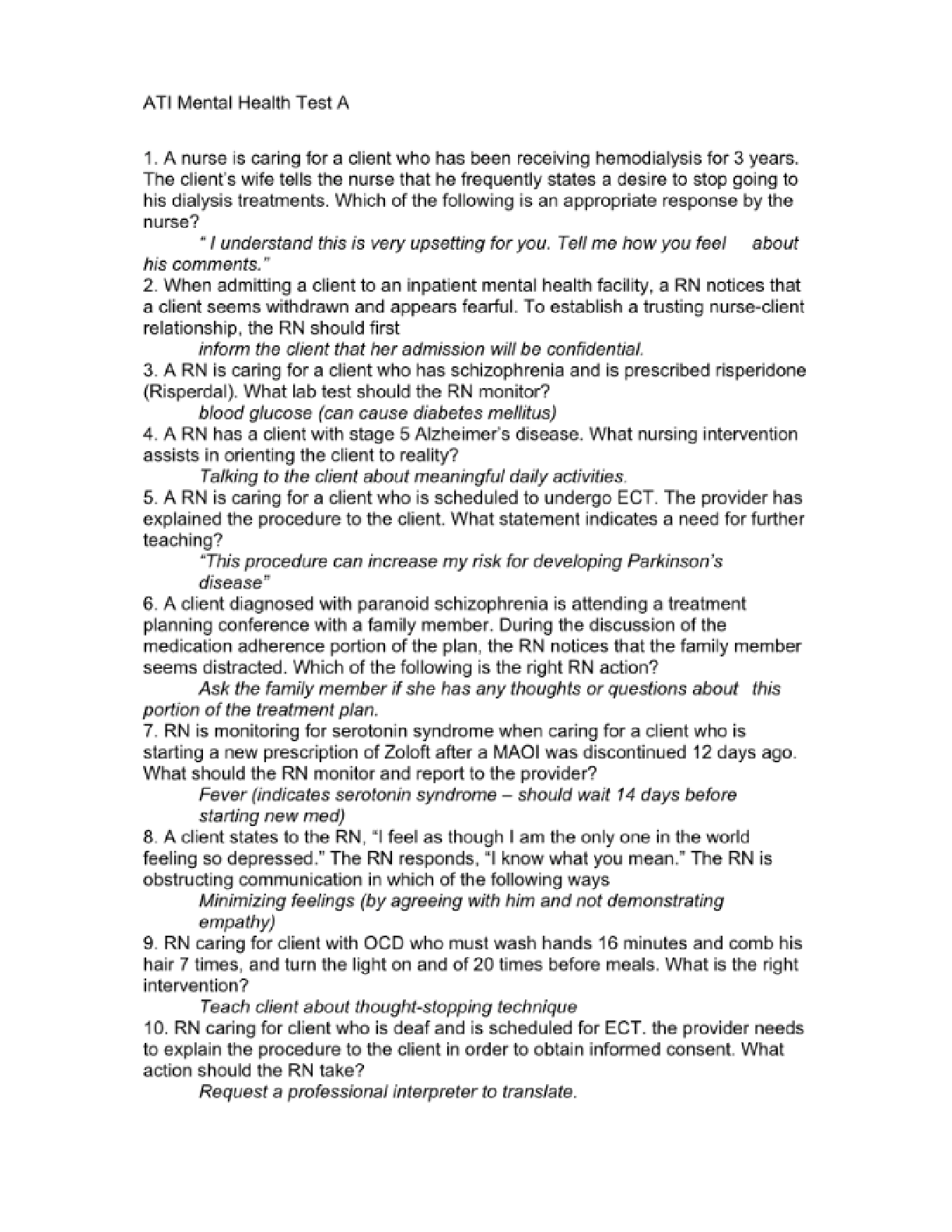 Preview image for ATI MENTAL HEATH TEST QUESTIONS AND CORRECT ANSWERS UPDATED VERSION