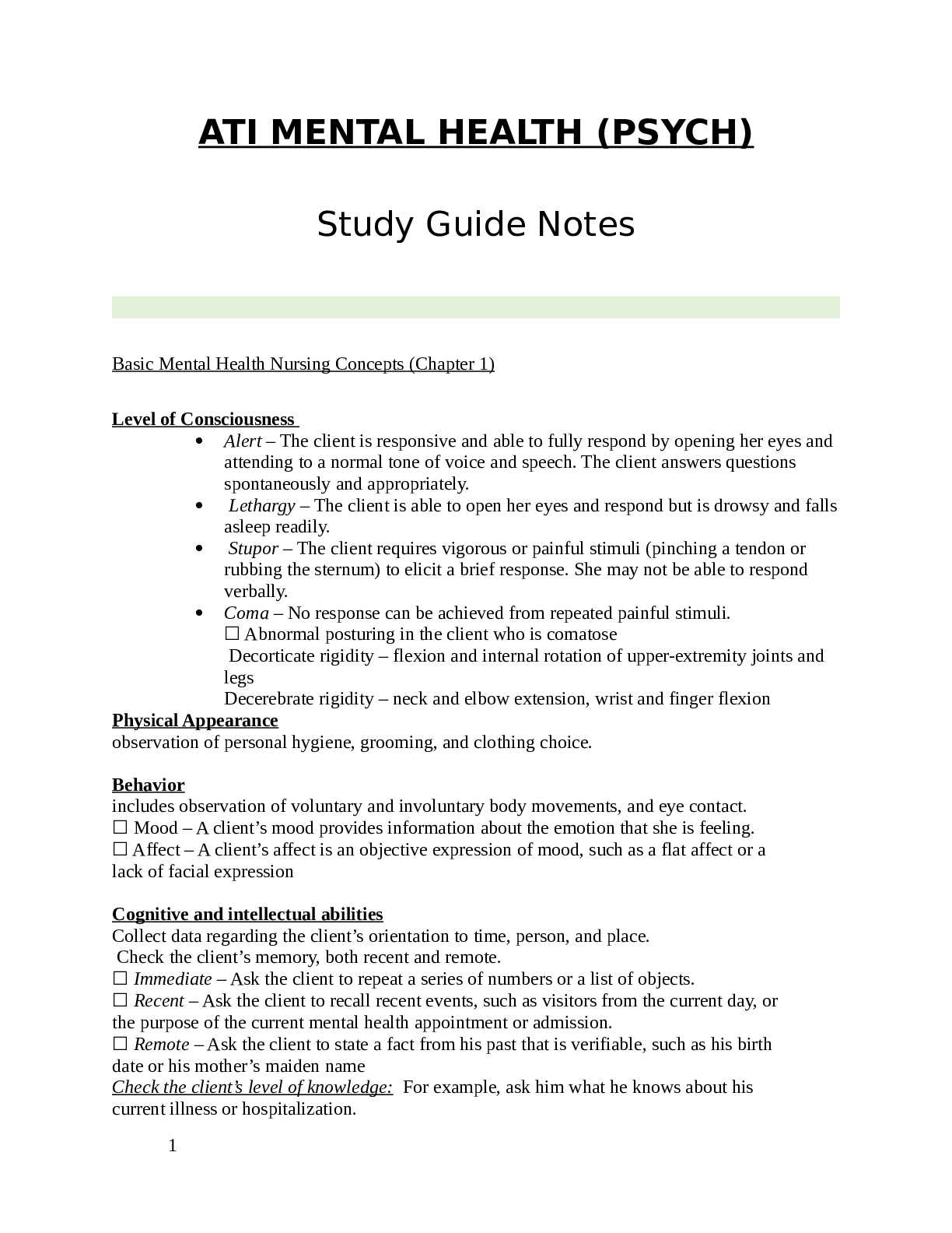Preview image for ATI MENTAL HEALTH (PSYCH) Study Guide Notes