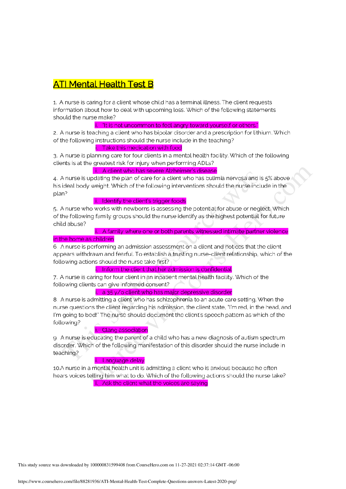 Preview image for ATI Mental Health 2019 B, Complete Questions & Answers. graded A, good for revision