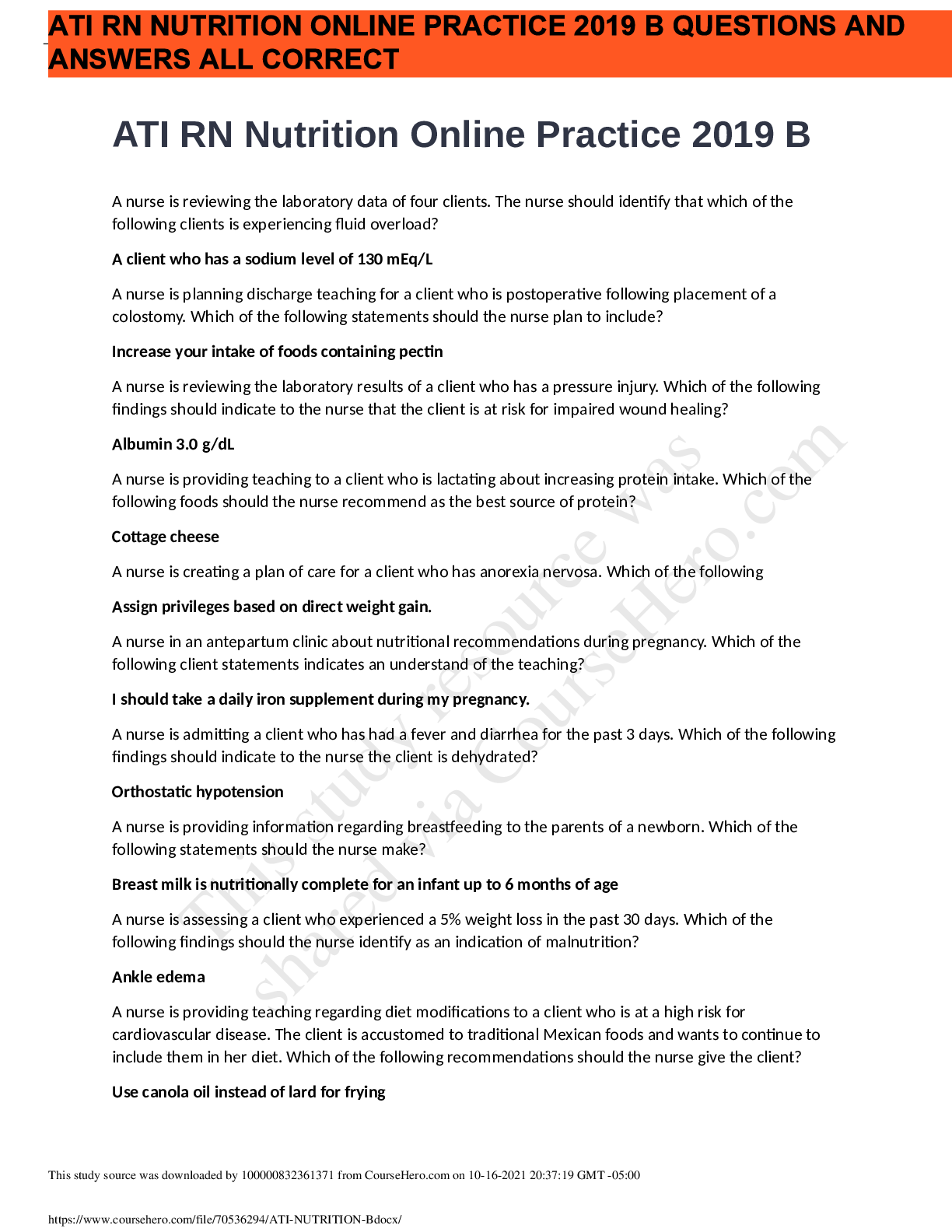 Preview image for ATI RN Nutrition Online Practice 2019 B