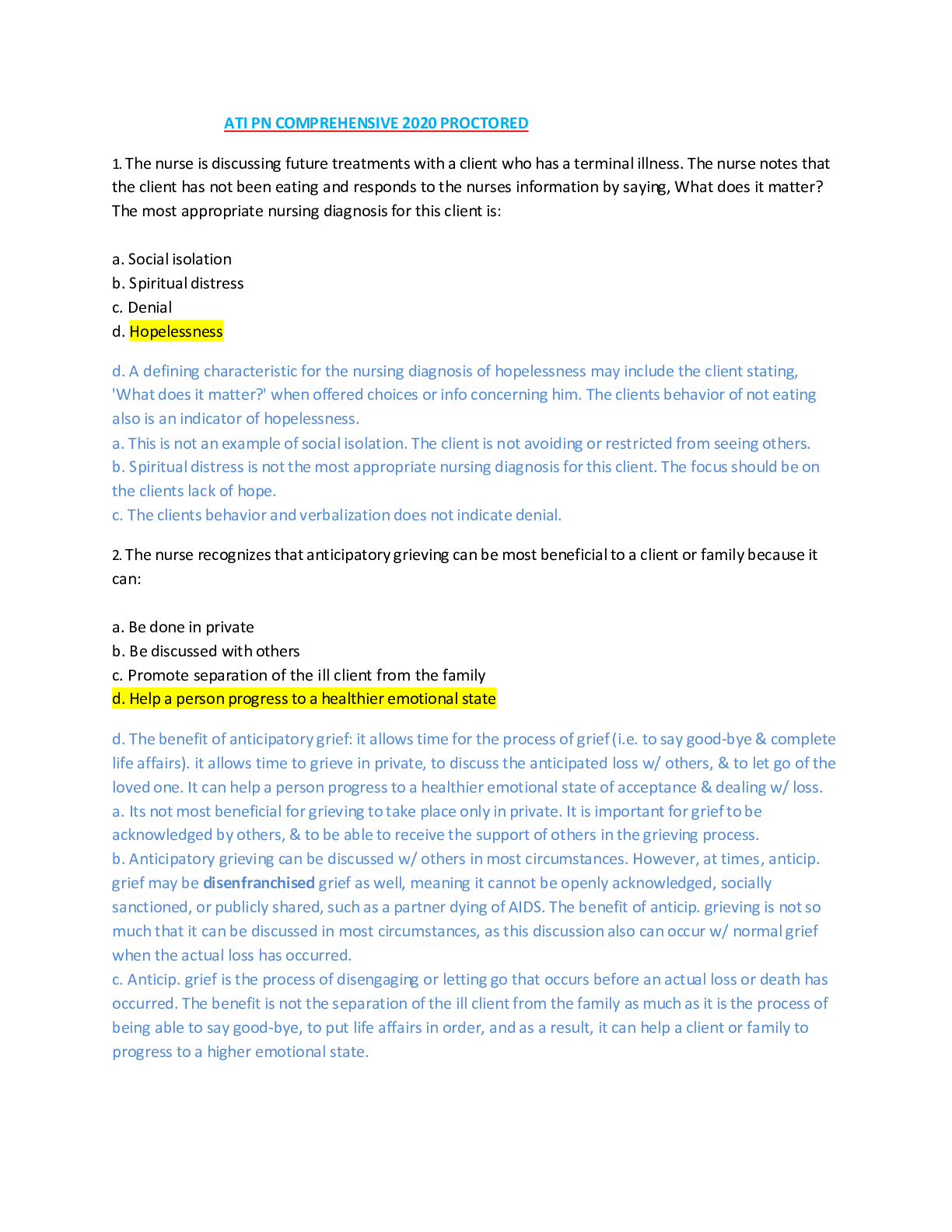 Preview of ATI PN COMPREHENSIVE 2020 PROCTORED