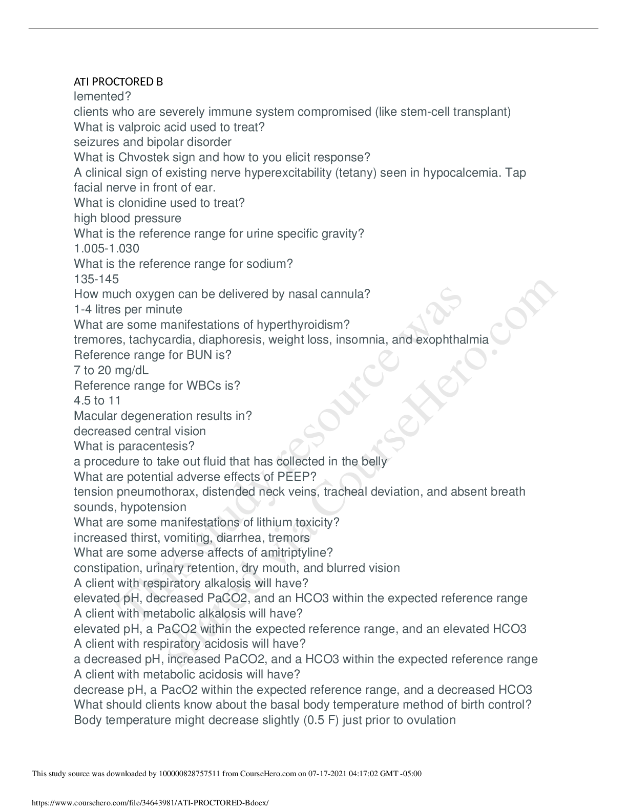 Preview image for MED SURG 324/MED SURG 324 ATI PROCTORED B  ADVANCE QUESTIONS AND ANSWERS  GRADE A  2020/2021  CHAMBERLAIN COLLEGE OF NURSING