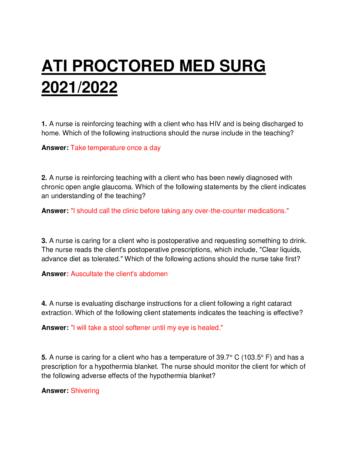 Preview image for ATI PROCTORED MED SURG EXAM. QUESTIONS WITH 100% CORRECT ANSWERS.