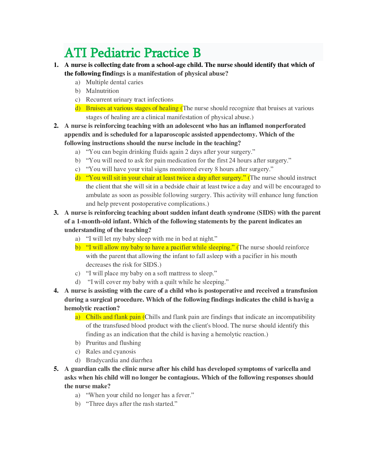 Preview image for ATI Pediatric Practice B. The Most tested and Common Questions for last minute exam prep.