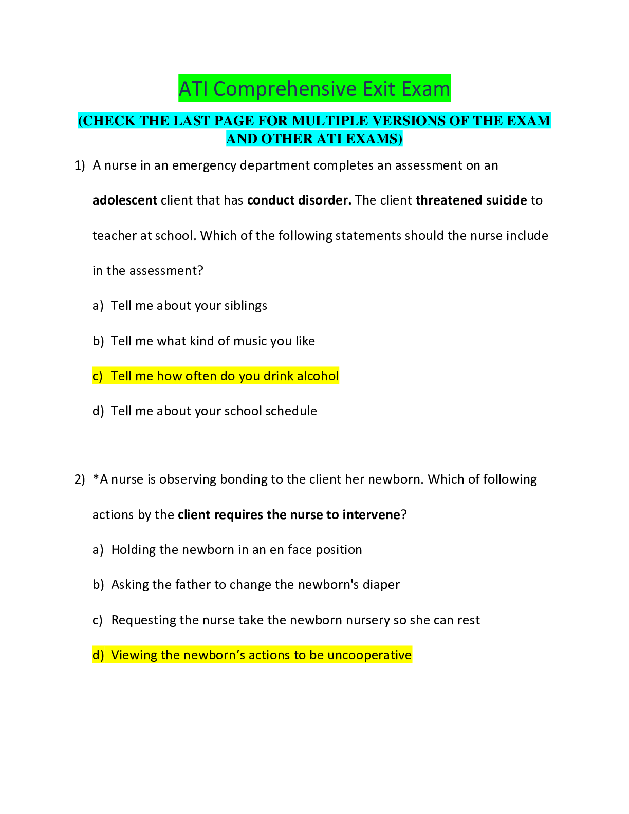 Preview image for ATI COMPREHENSIVE EXIT FINAL (summer 2020)QUESTIONS AND ANSWERS (LATEST VERSION)