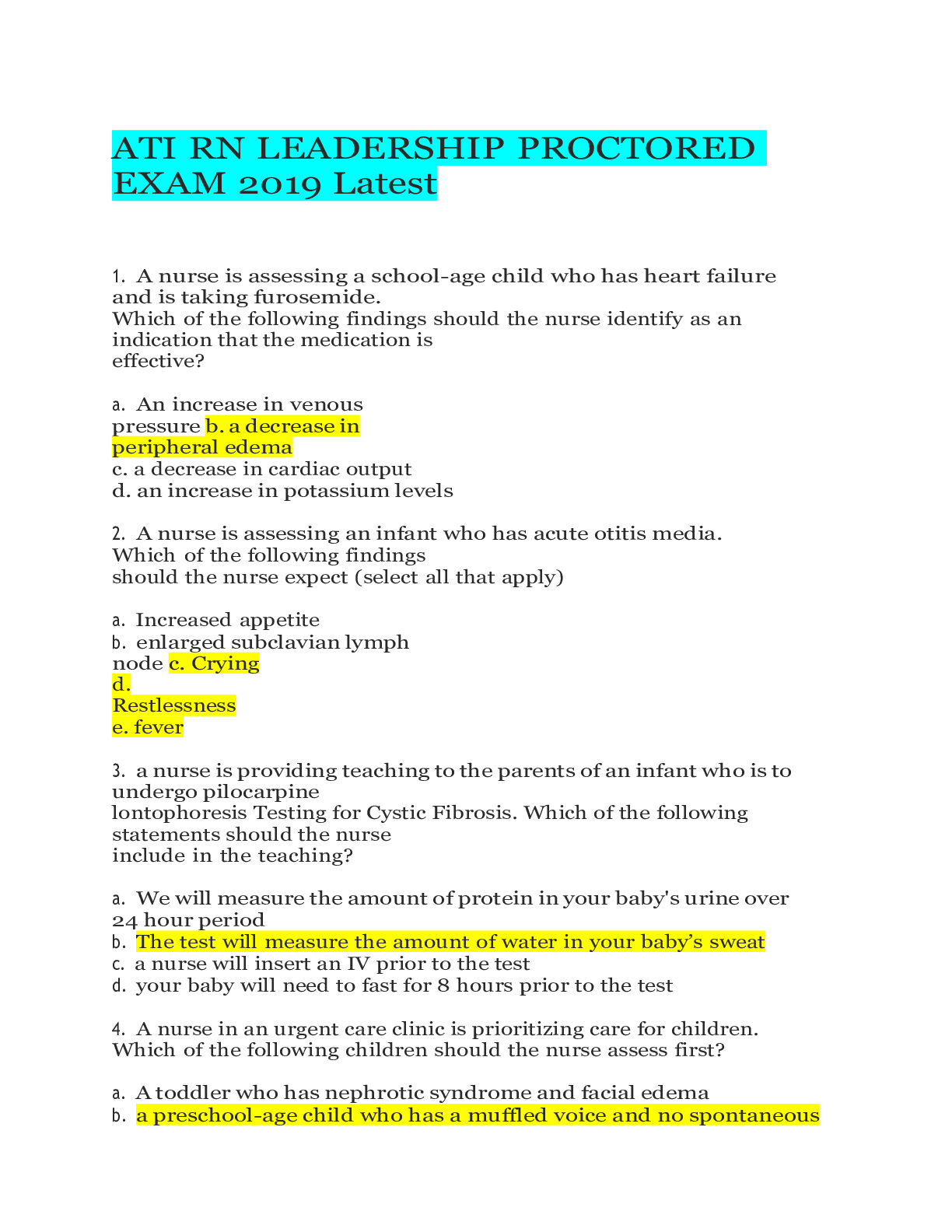 Preview image for ATI RN LEADERSHIP PROCTORED EXAM 2019 VERSION 3