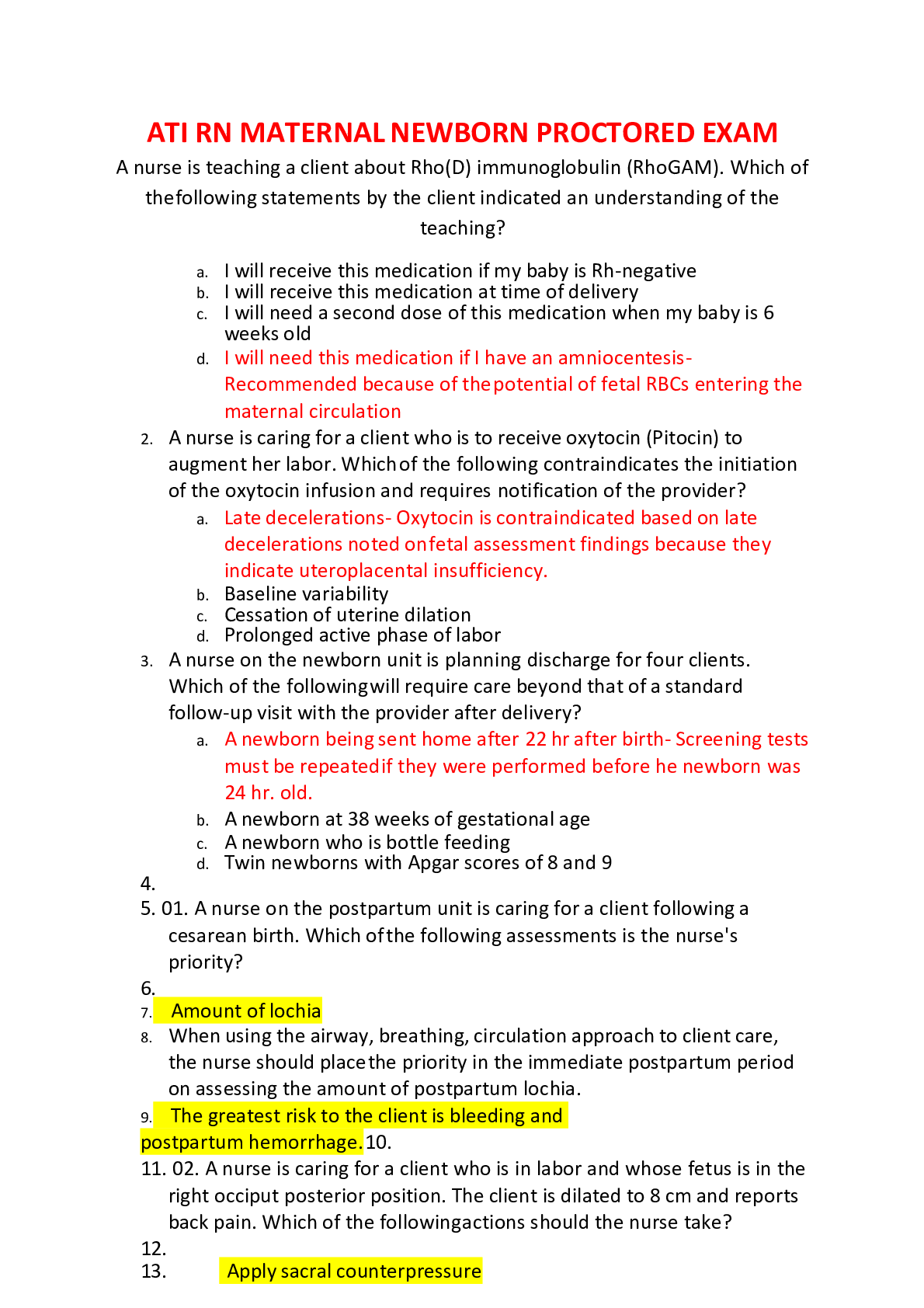 Preview image for ATI RN MATERNAL NEWBORN PROCTORED EXAM,100% CORRECT