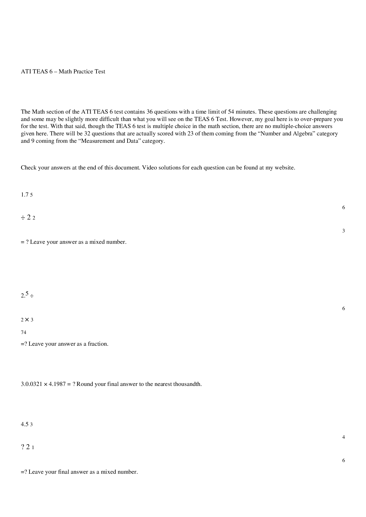 Preview image for ATI TEAS 6 – Math Practice Test