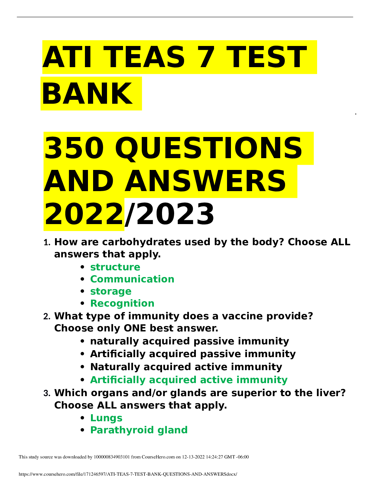 Preview image for ATI TEAS 7 TEST BANK 350 QUESTIONS AND ANSWERS 2022/2023